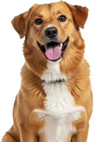 Golden retriever mix sitting and smiling