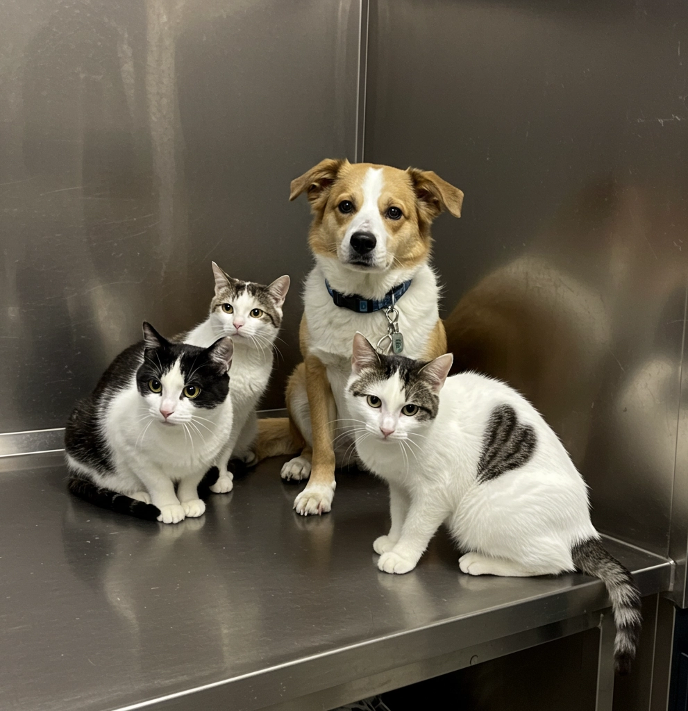 Cats and dog in a veterinary clinic