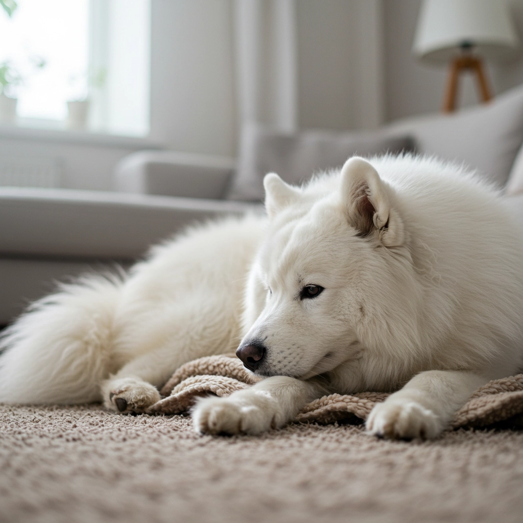 White big dog resting on a carpet