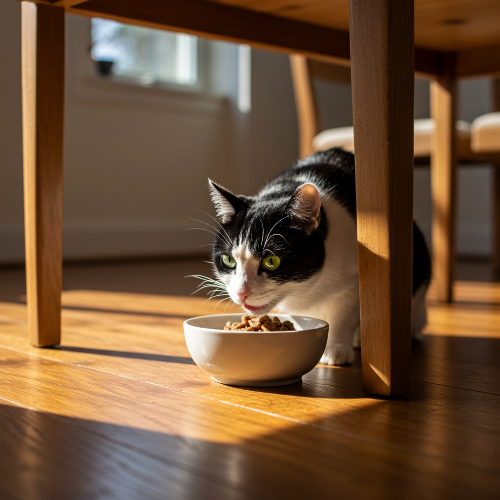 black and white cat eating under the table