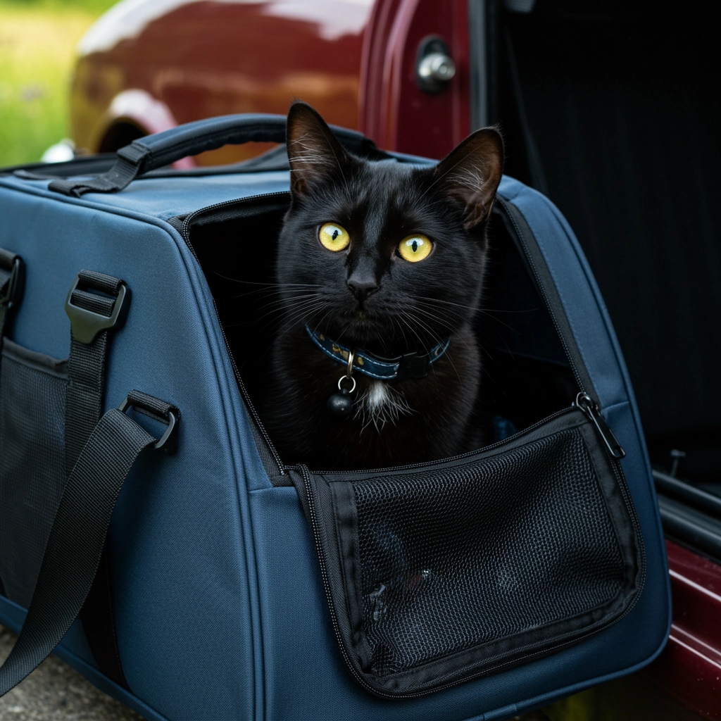 black cat in a bag ready to travel