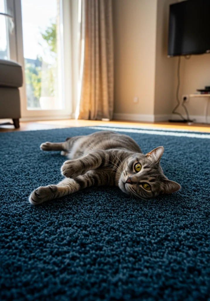 happy cat resting in a carpet of a comfy house