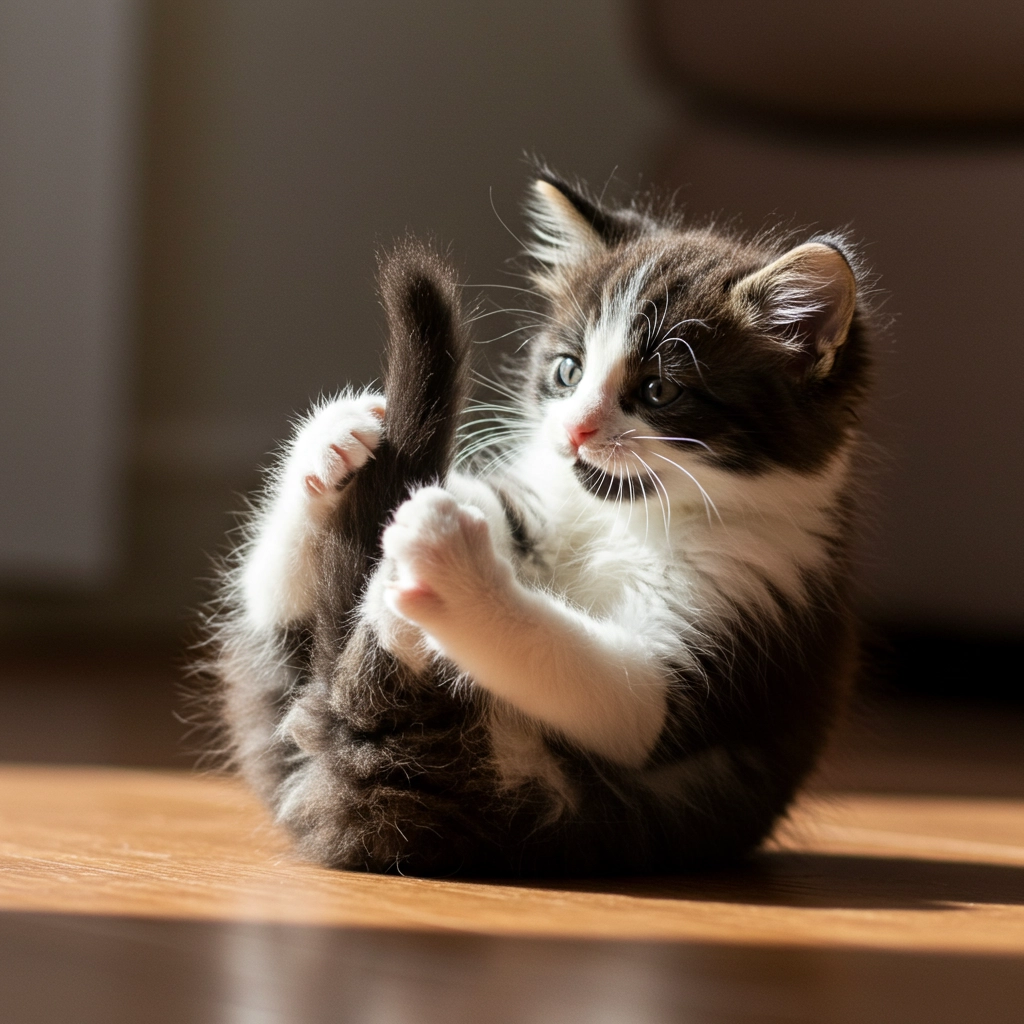 kitten fighting with its own tail