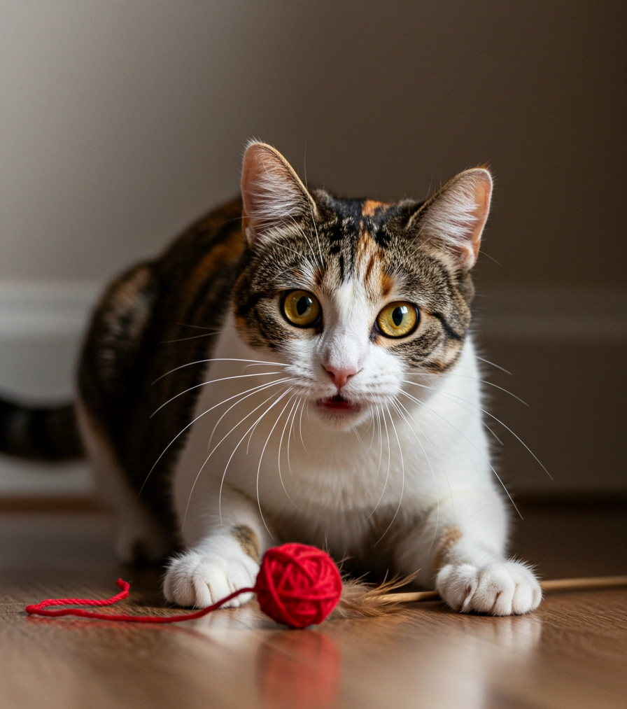 mixed cat playing with a toy