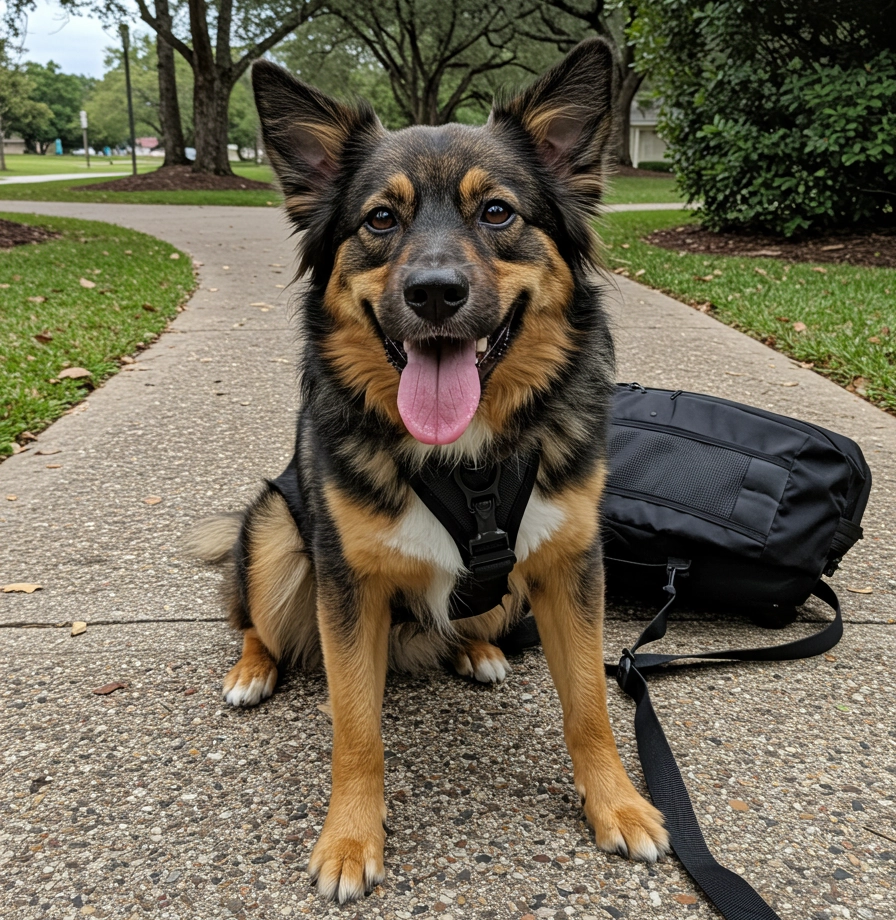 mixed dog ready to travel