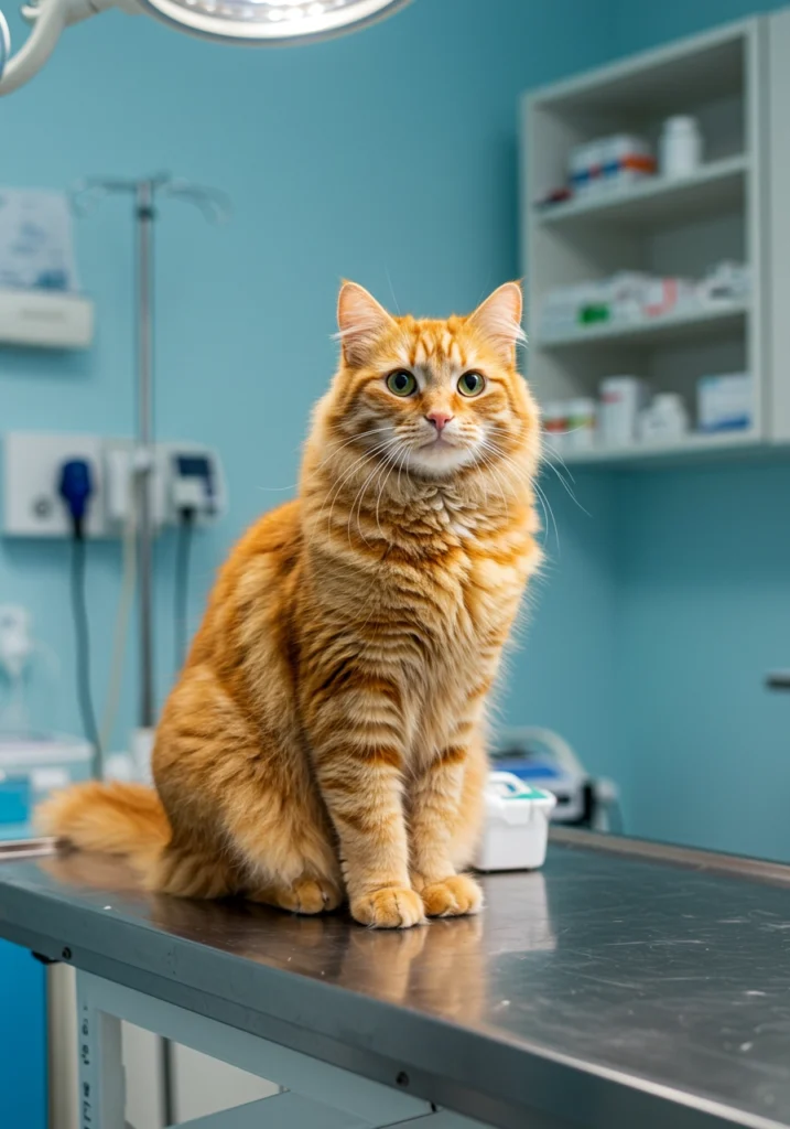 Orange Cat with green eyes in a veterinary Clinic