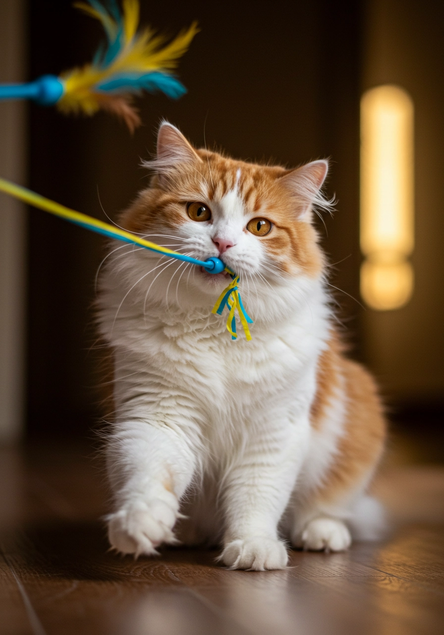 orange cat plaing with toy