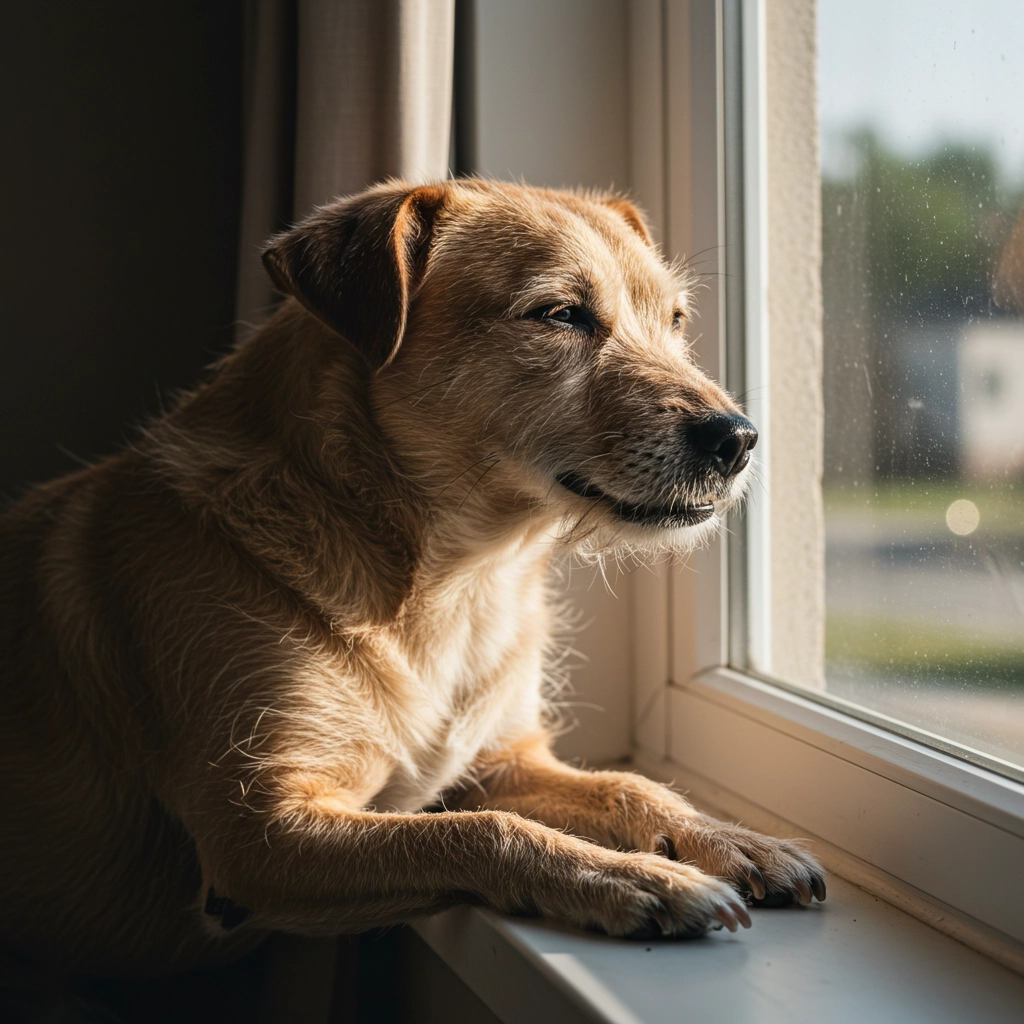 senior dog looking at the window